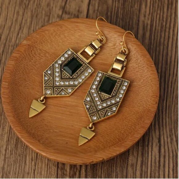 Private Label Jewelry - NEW Vanessa Edwardian Art Deco Gold and Emerald Green Geometric Drop Earrings